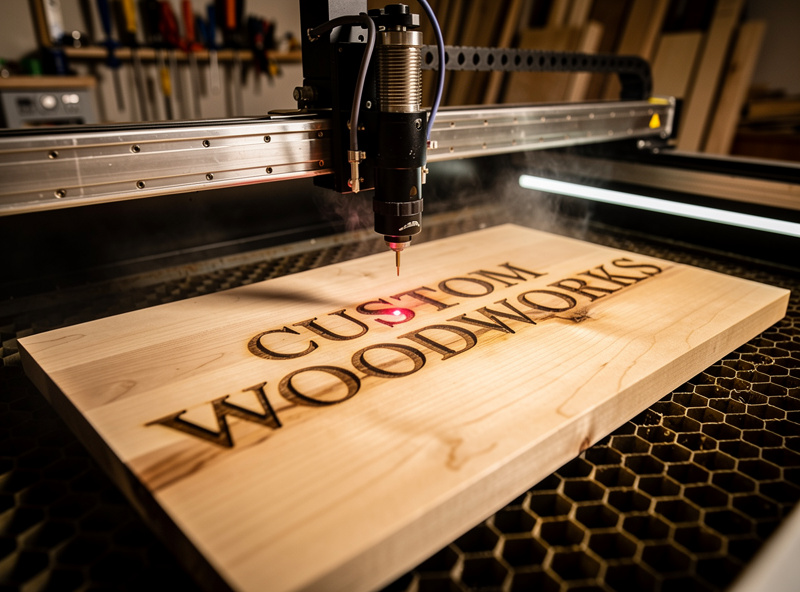 A large custom wood sign with deeply engraved and paint-filled lettering on a workshop wall