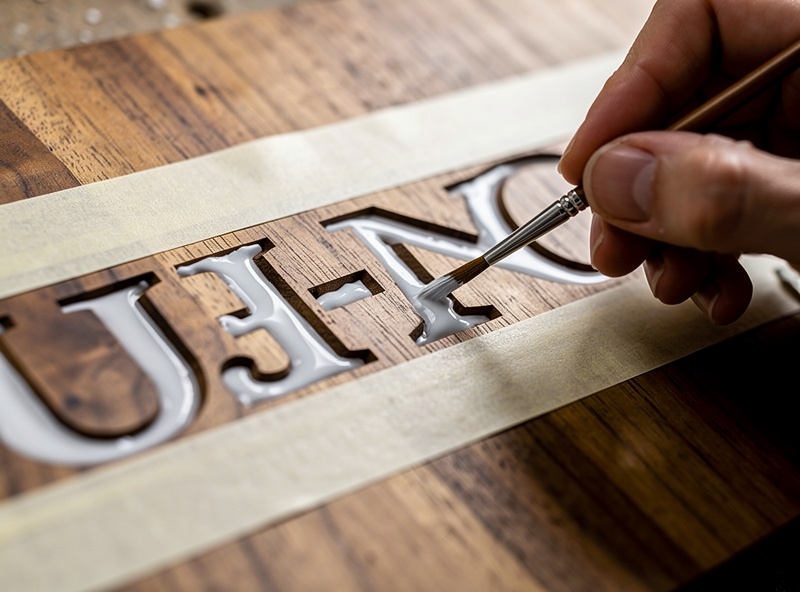 Brushing paint into the engraved letters of a wood sign with masking tape protecting the surface